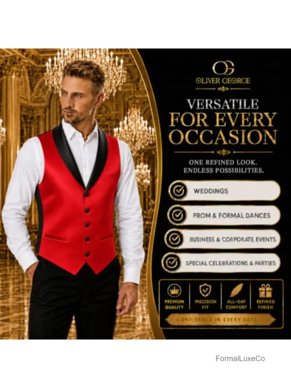 Men's 3-Piece Tuxedo Vest Set with Satin Shawl Lapel, Bow Tie & Handkerchief,